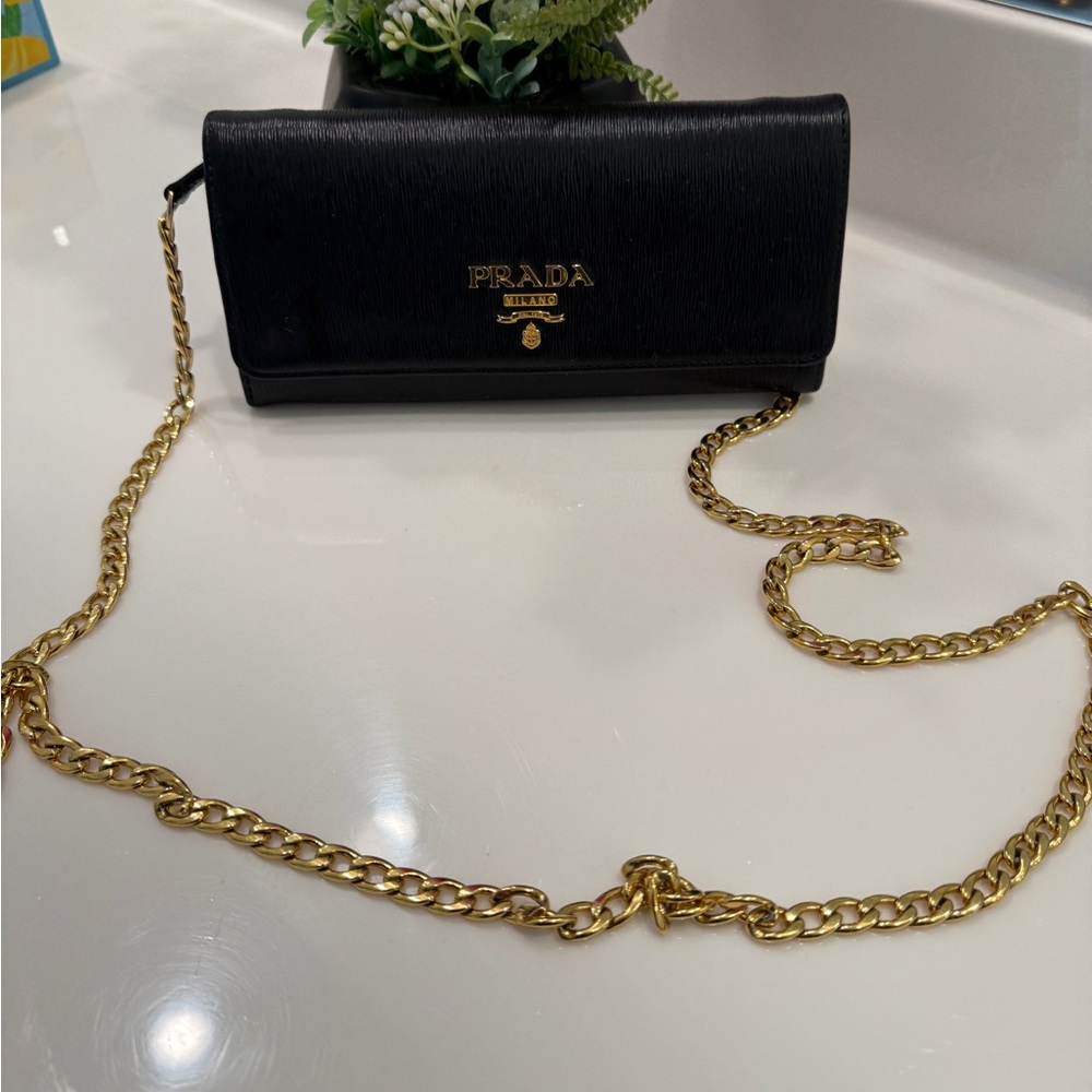 Prada Black Clutch with Gold Chain